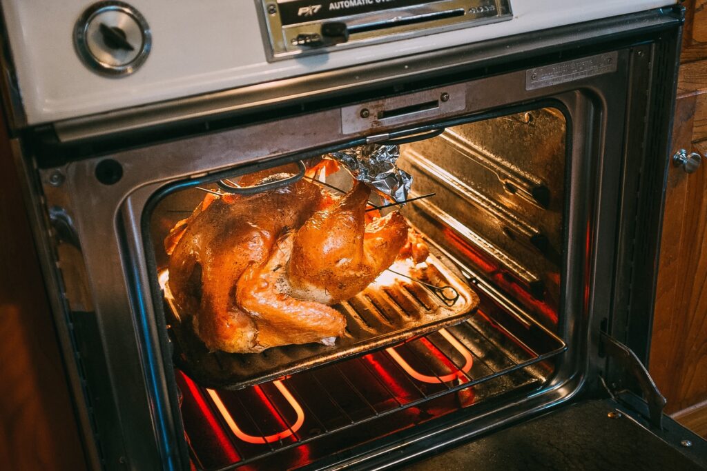 A turkey in an oven