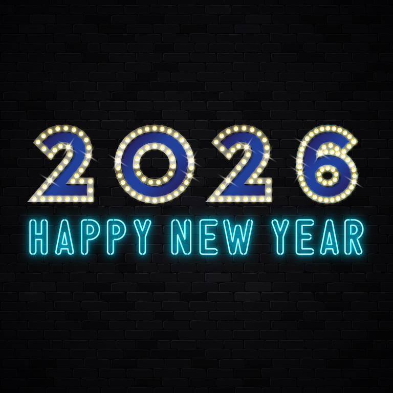 A blue and white text with lights