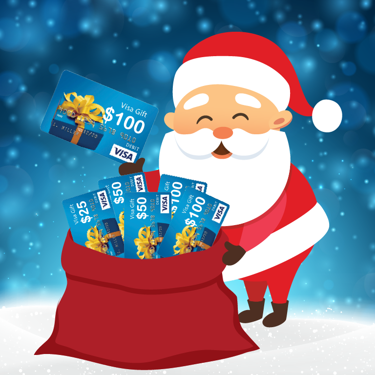 A cartoon of a Santa Claus holding a red bag of gift cards