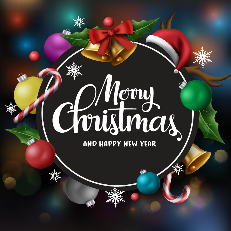 A black circle with ornaments and text