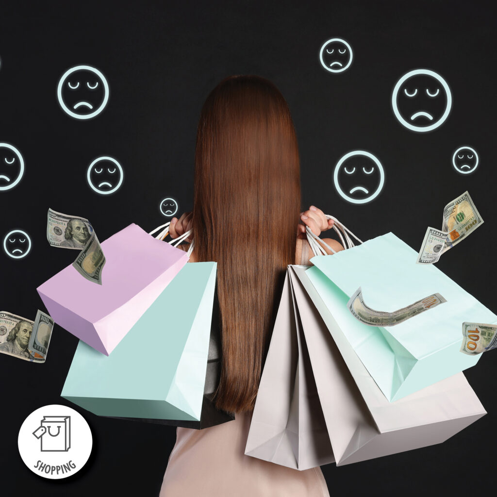 Photograph of a person with long brown hair holding multiple pastel-colored shopping bags against a black background with sad face emojis and floating dollar bills. The composition highlights emotional distress related to spending money, emphasizing financial strain or buyer's remorse.