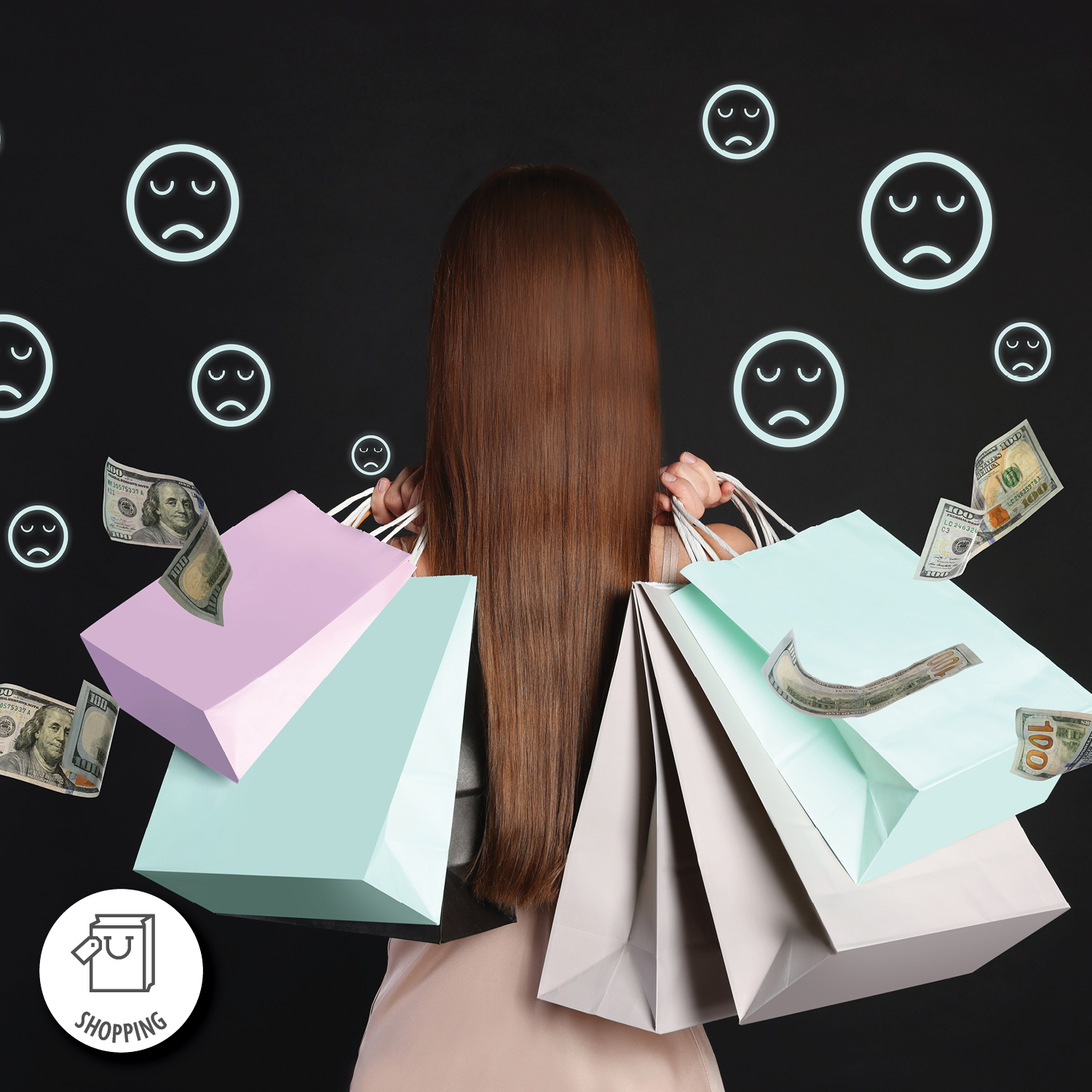 Photograph of a person with long brown hair holding multiple pastel-colored shopping bags against a black background with sad face emojis and floating dollar bills. The composition highlights emotional distress related to spending money, emphasizing financial strain or buyer's remorse.