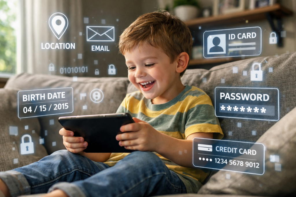 Photograph of a young child sitting on a couch using a tablet, surrounded by digital overlays representing personal data such as location, email, birth date, ID card, password, and credit card information. The visual highlights concerns about online privacy and data security, with icons and text boxes in white and blue tones emphasizing sensitive information exposure.