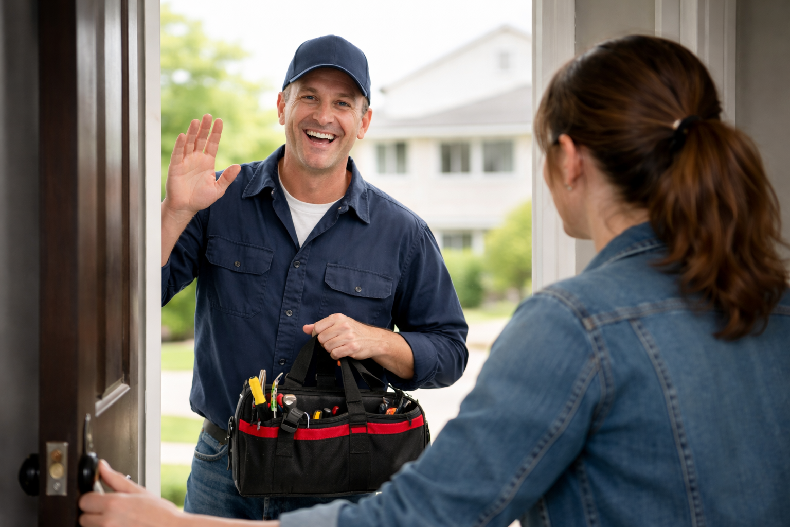 Photograph showing a service technician standing at a doorway, holding a tool bag in one hand and raising the other hand in a greeting gesture. A woman, seen from behind, is opening the door to receive the technician, suggesting a home repair or maintenance visit.