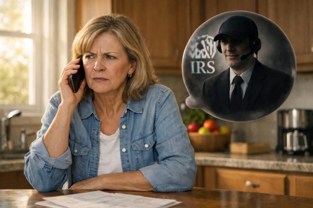 Photograph of a woman sitting at a kitchen table, talking on a phone with documents spread in front of her, suggesting a serious conversation. A thought bubble shows a man in a suit with an IRS logo, indicating the call is related to tax or IRS matters.