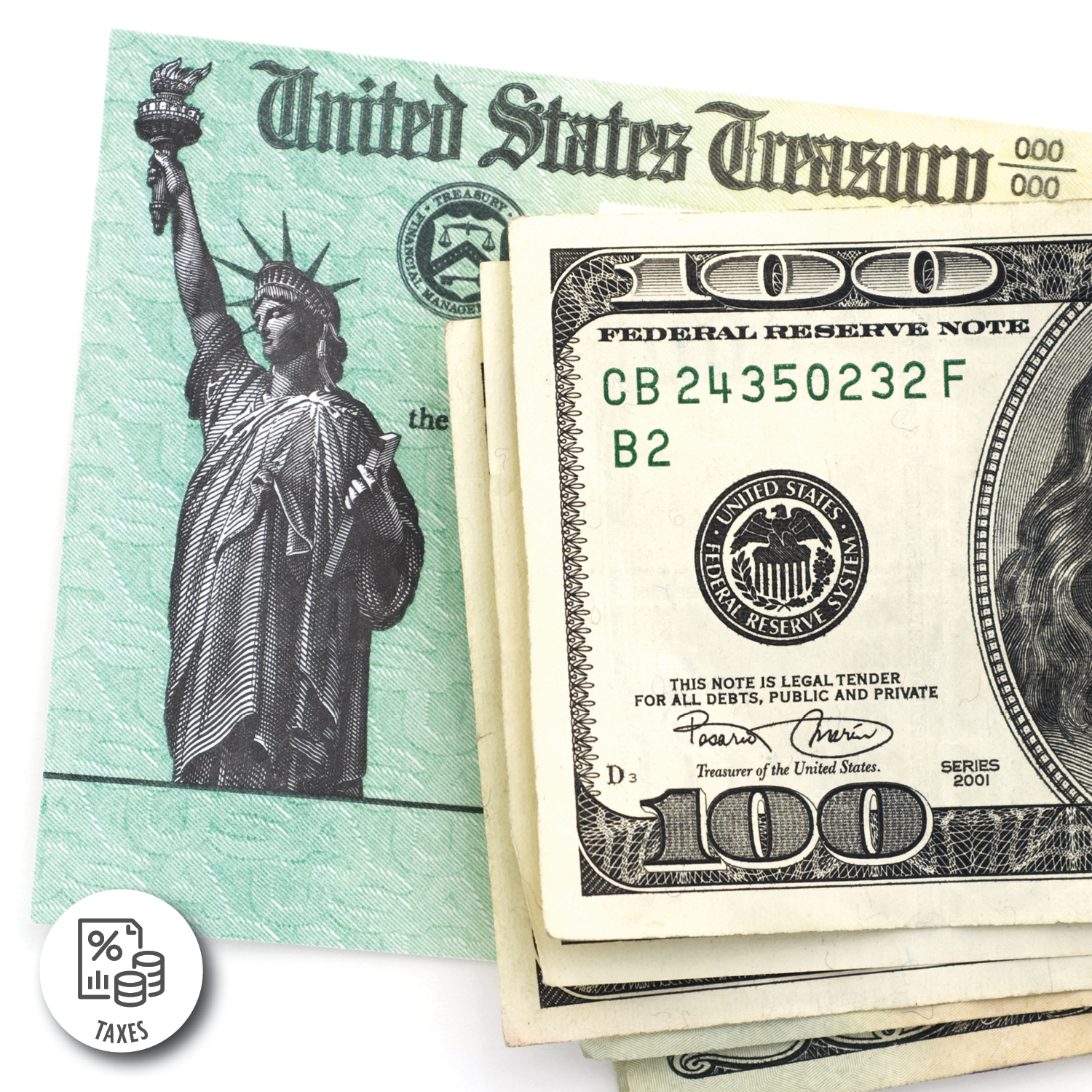 Photograph showing a United States Treasury check partially covered by several 100-dollar bills, highlighting financial transactions or payments. The check features a green background with the Statue of Liberty and Treasury seal, while the bills display serial numbers, Federal Reserve seals, and denomination markings.