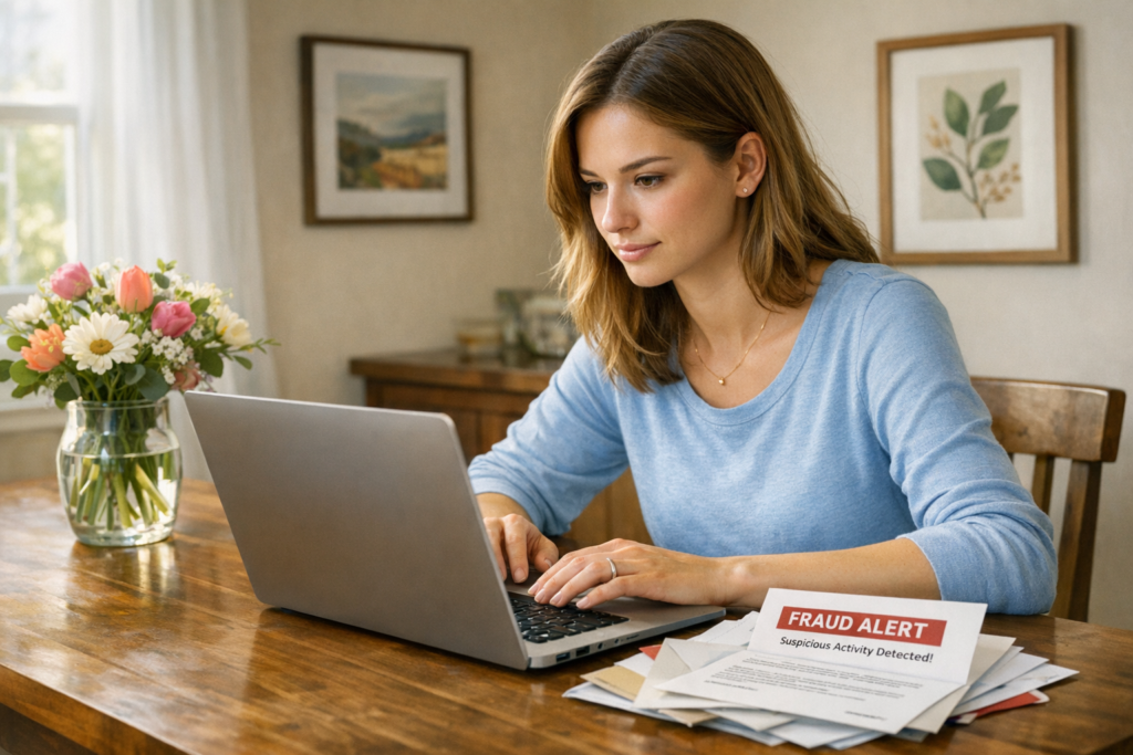 A person in a blue shirt is working on a laptop at a wooden desk, with a notice of fraud alert and decorative flowers on the wall.