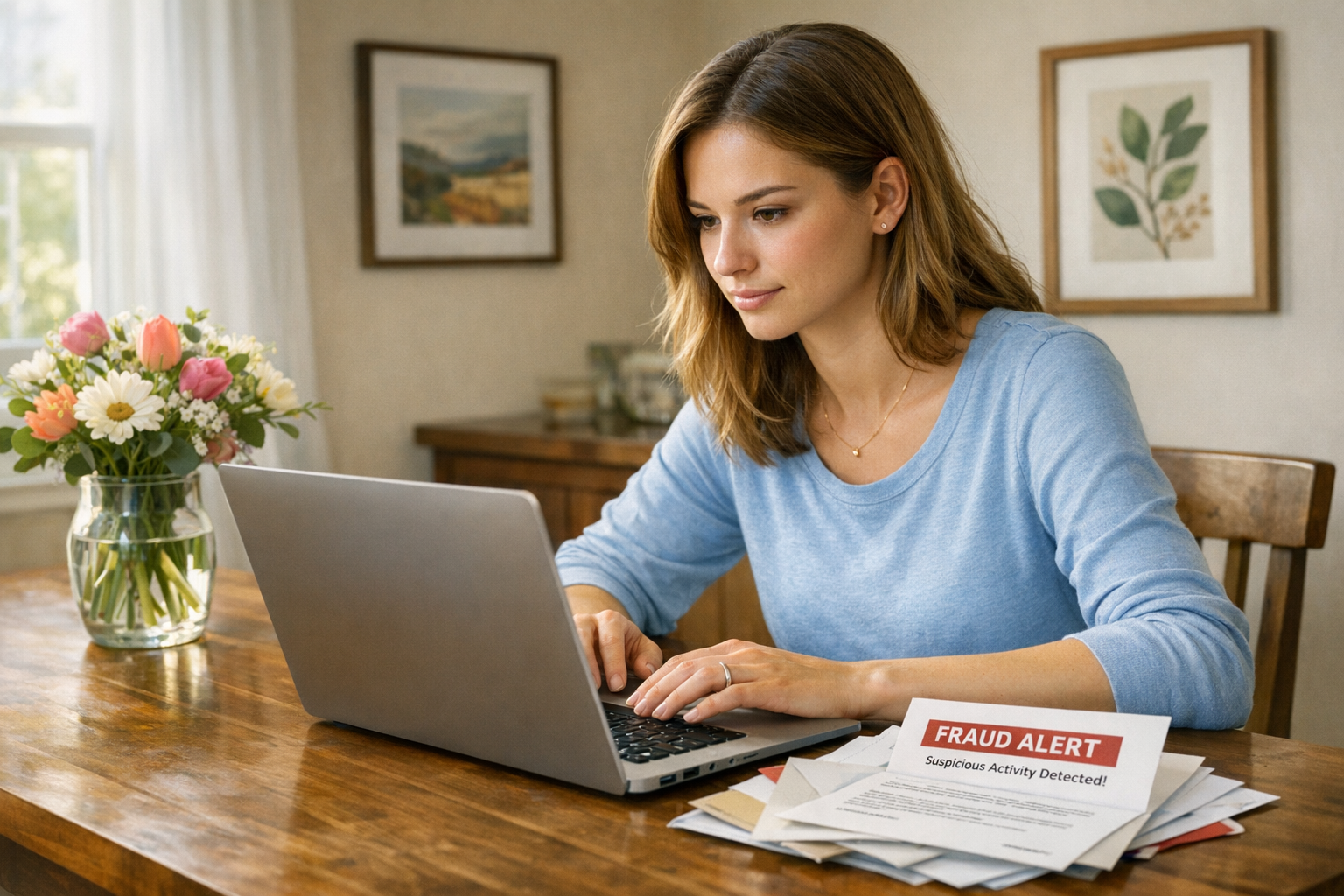 A person in a blue shirt is working on a laptop at a wooden desk, with a notice of fraud alert and decorative flowers on the wall.
