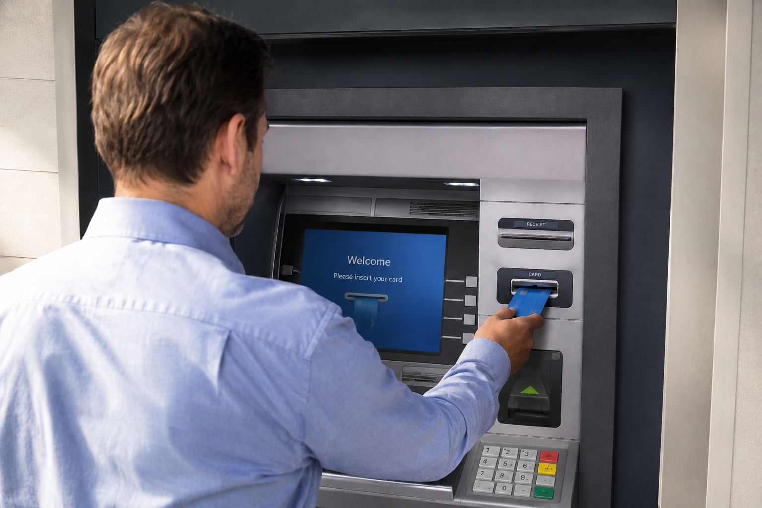 Photograph of a man using an ATM, inserting a blue card into the card slot. Screen displays a welcome message prompting card insertion, with keypad and function buttons visible on the machine.