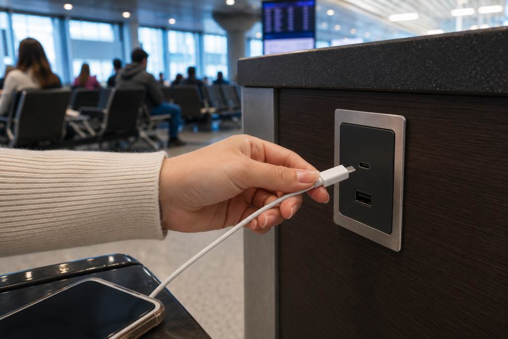 Photograph showing a person plugging a USB-C cable into a charging port on a dark wood panel in an airport waiting area. Background includes blurred travelers seated and a digital flight information display.