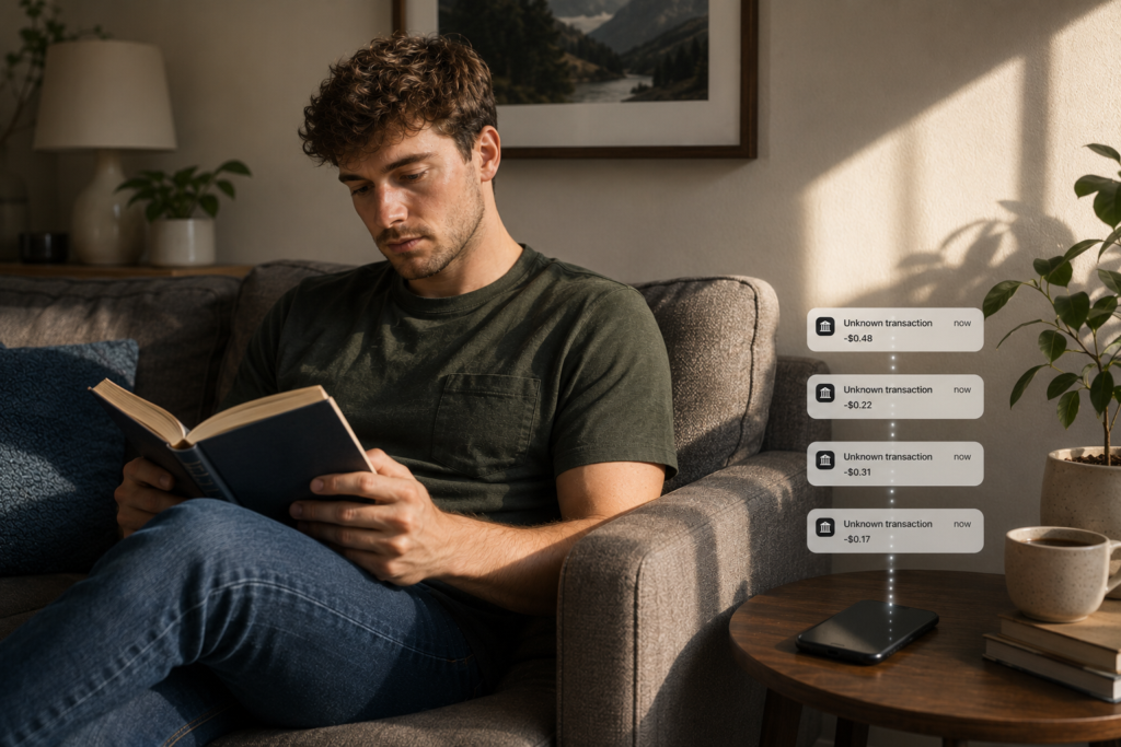 Photograph of a person sitting on a couch reading a book in a sunlit living room, with a smartphone on a side table displaying four notifications of unknown transactions with varying negative amounts. The scene highlights a contrast between a calm, relaxed environment and the concerning financial alerts shown on the phone screen.