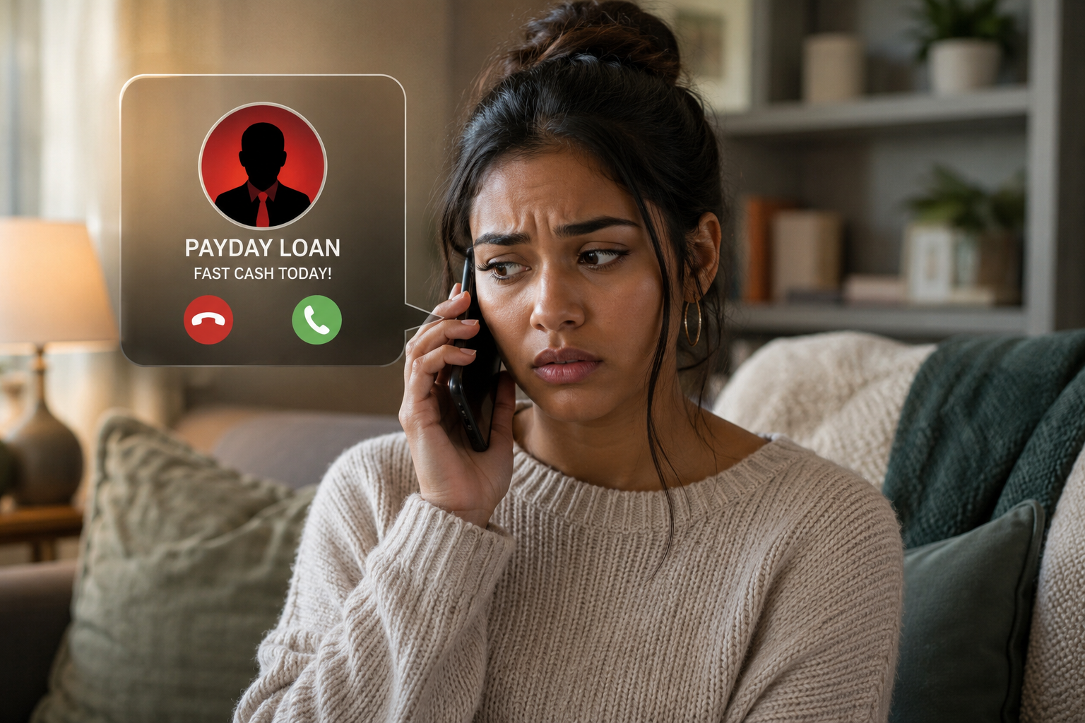 Photograph of a person sitting on a couch, holding a phone to their ear with an incoming call notification overlay labeled "PAYDAY LOAN FAST CASH TODAY!" The notification includes a red decline button and a green accept button, indicating a call related to payday loan offers.