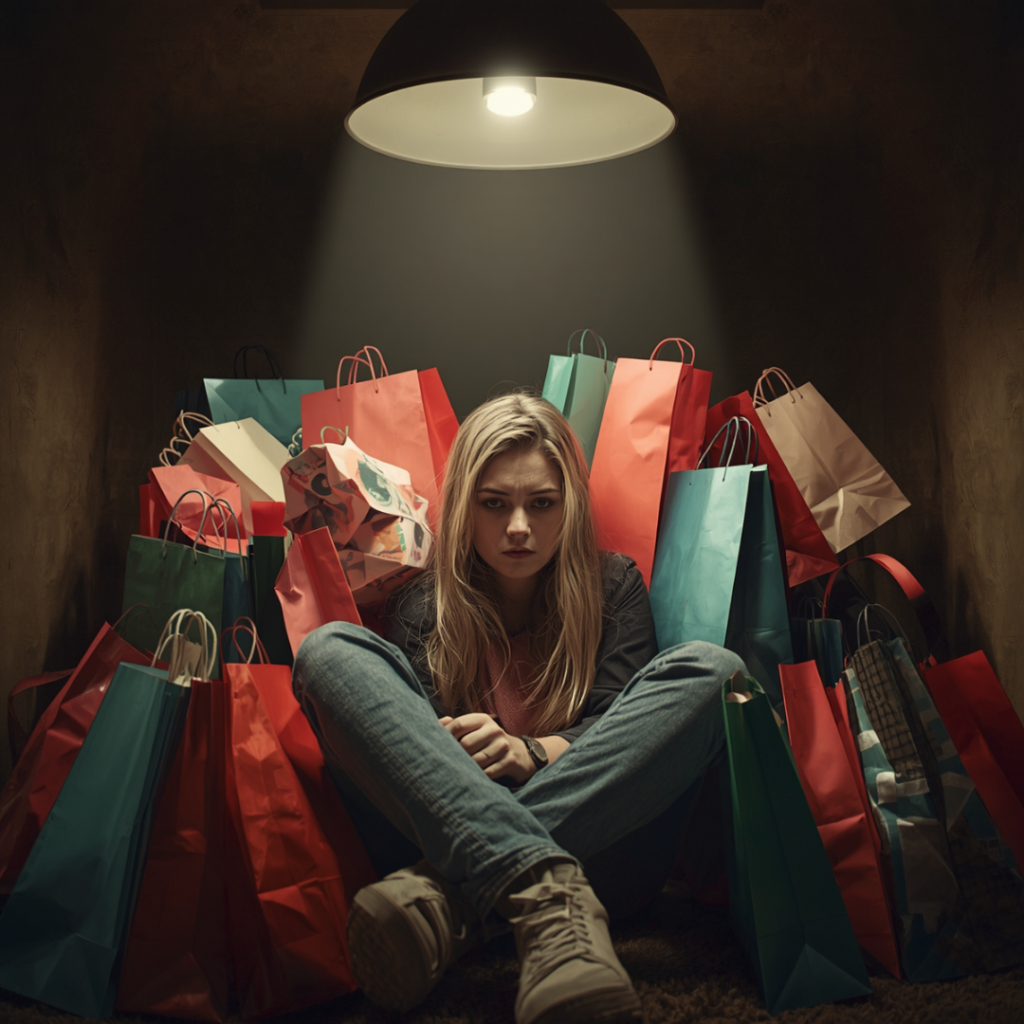 Photograph of a person sitting cross-legged on floor surrounded by numerous colorful shopping bags under a single overhead light. The scene conveys themes of consumerism or shopping overload with bags in red, green, blue, and beige hues creating a cluttered environment.