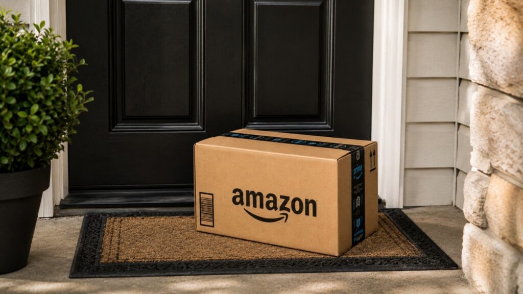 Photograph of a cardboard Amazon delivery box placed on a doormat in front of a black door. The scene includes a potted plant on the left and part of a stone wall on the right, highlighting a typical home delivery setting.