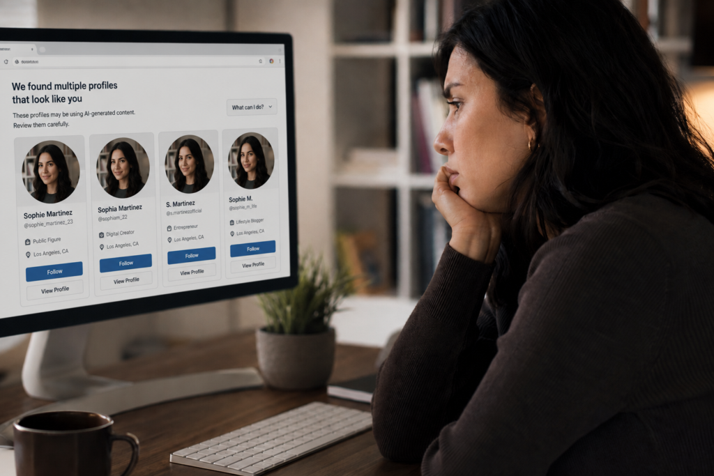 Photograph of a woman looking at a computer screen displaying a social media interface with multiple profile suggestions that look like her. Screen shows four profile cards with similar photos, names, locations, and follow buttons, highlighting concerns about AI-generated or duplicate profiles.