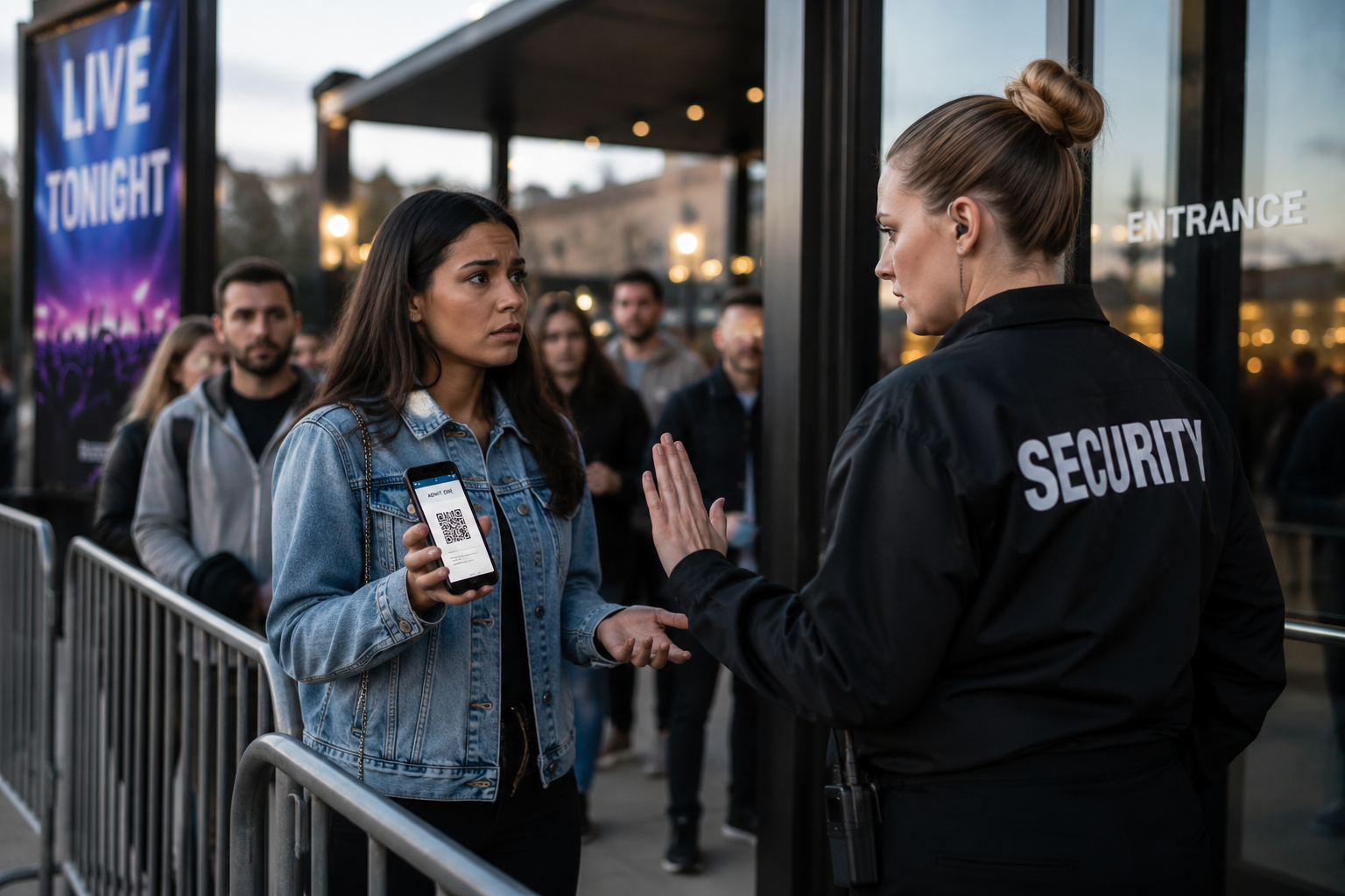 Photograph showing a security guard denying entry to a woman holding a phone displaying a QR code at an event entrance. The scene includes a line of people waiting, with a "LIVE TONIGHT" sign visible in the background, indicating a live performance or concert.