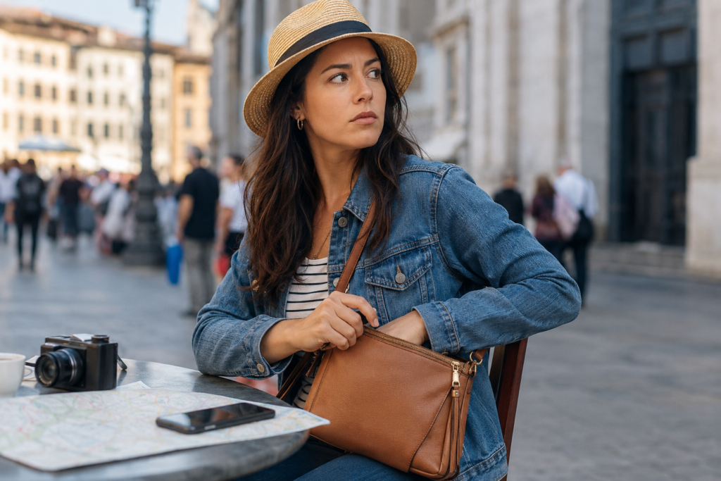 Photograph of a woman sitting at an outdoor café table in a city square, wearing a denim jacket and straw hat while looking to her left. A map, smartphone, and camera are on the table, suggesting she is a tourist or traveler exploring the area.